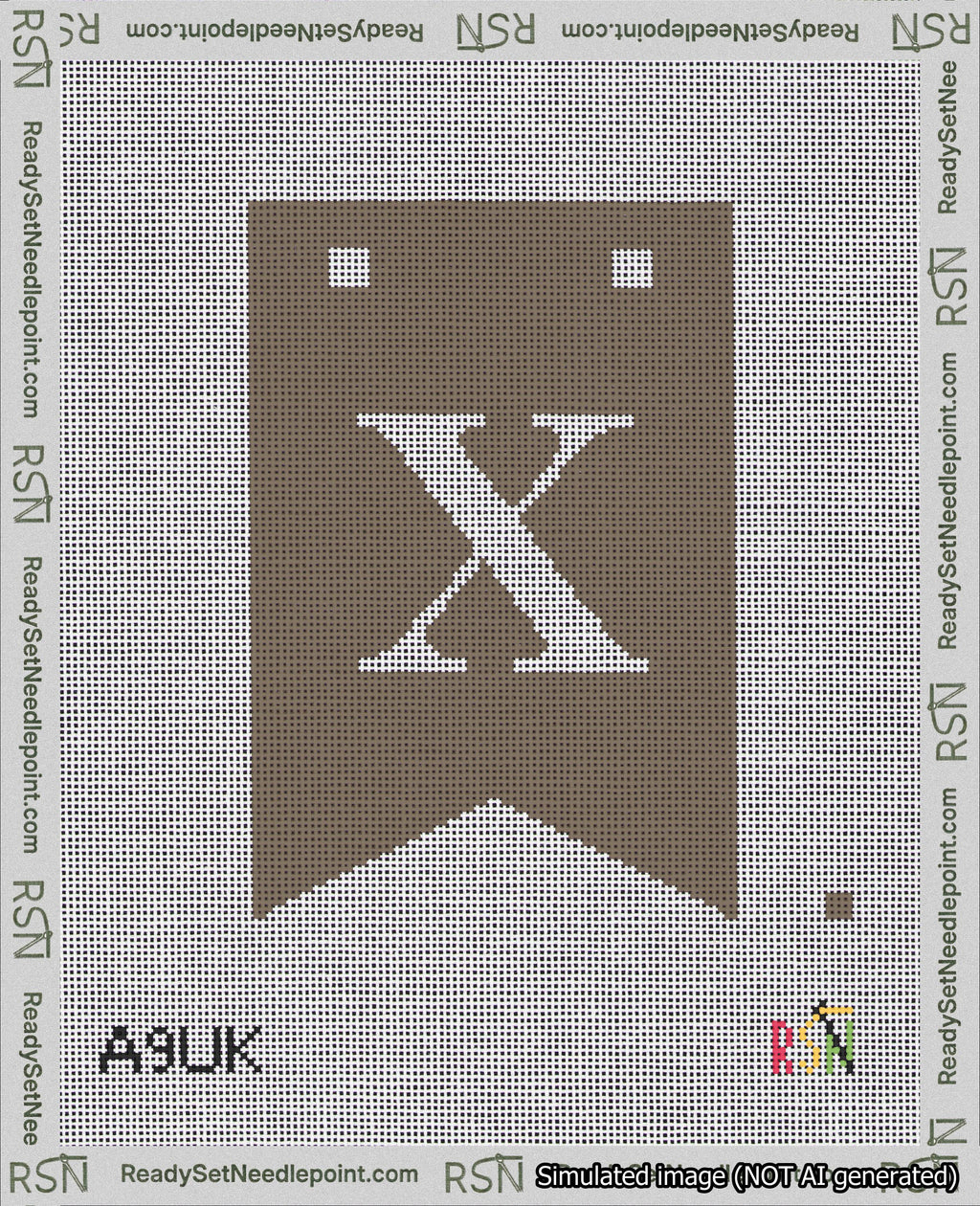 A taped needlepoint canvas with the design: Banner 18 mesh count Forked X White on Brown.