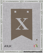 A taped needlepoint canvas with the design: Banner 18 mesh count Forked X White on Brown.