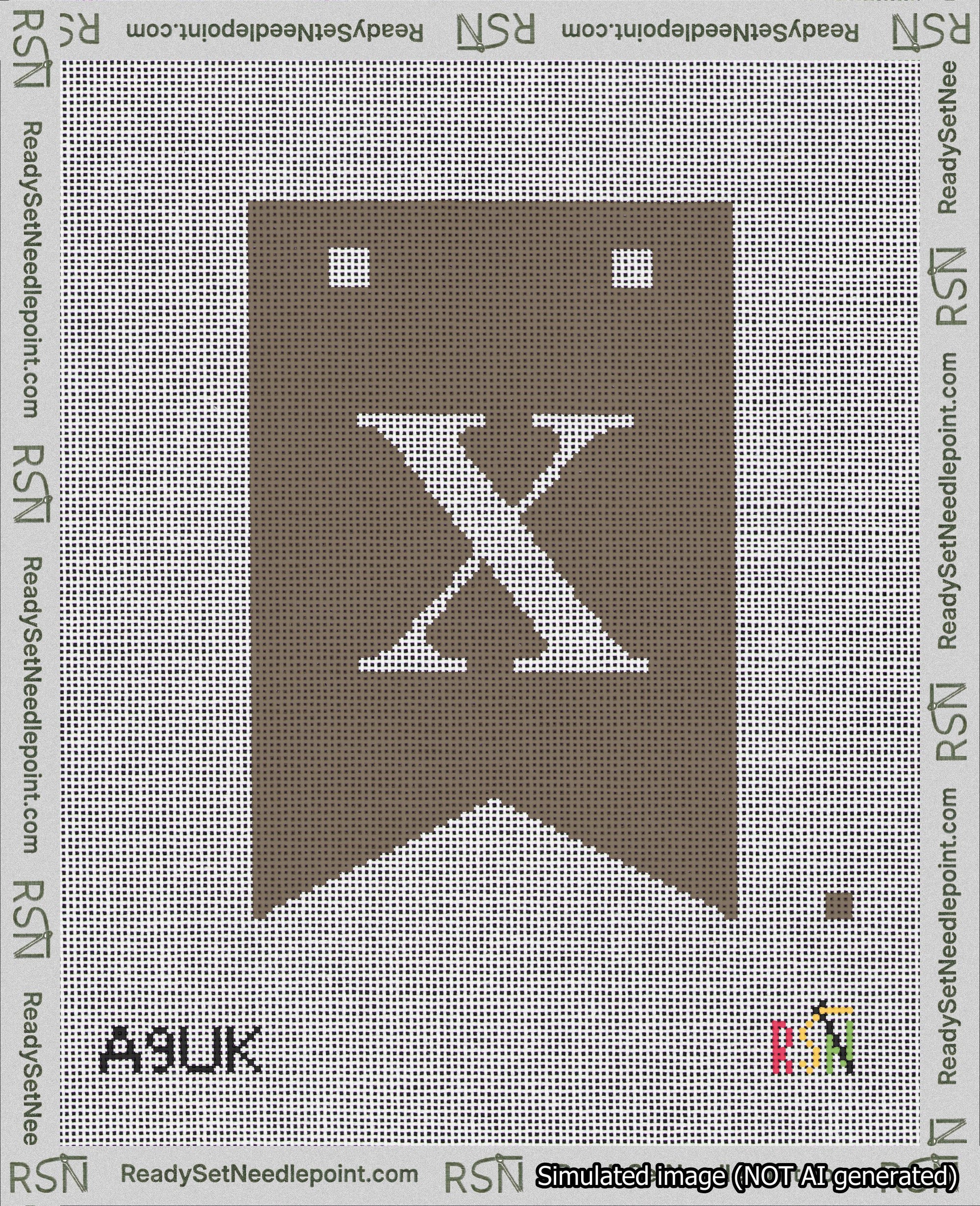 A taped needlepoint canvas with the design: Banner 18 mesh count Forked X White on Brown.