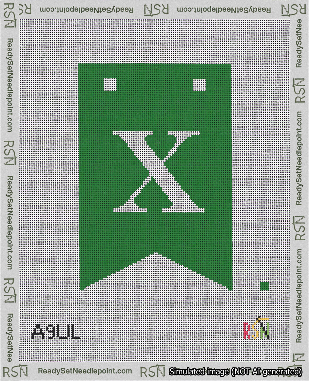 A taped needlepoint canvas with the design: Banner 18 mesh count Forked X White on Green.