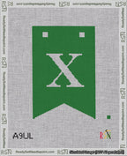 A taped needlepoint canvas with the design: Banner 18 mesh count Forked X White on Green.