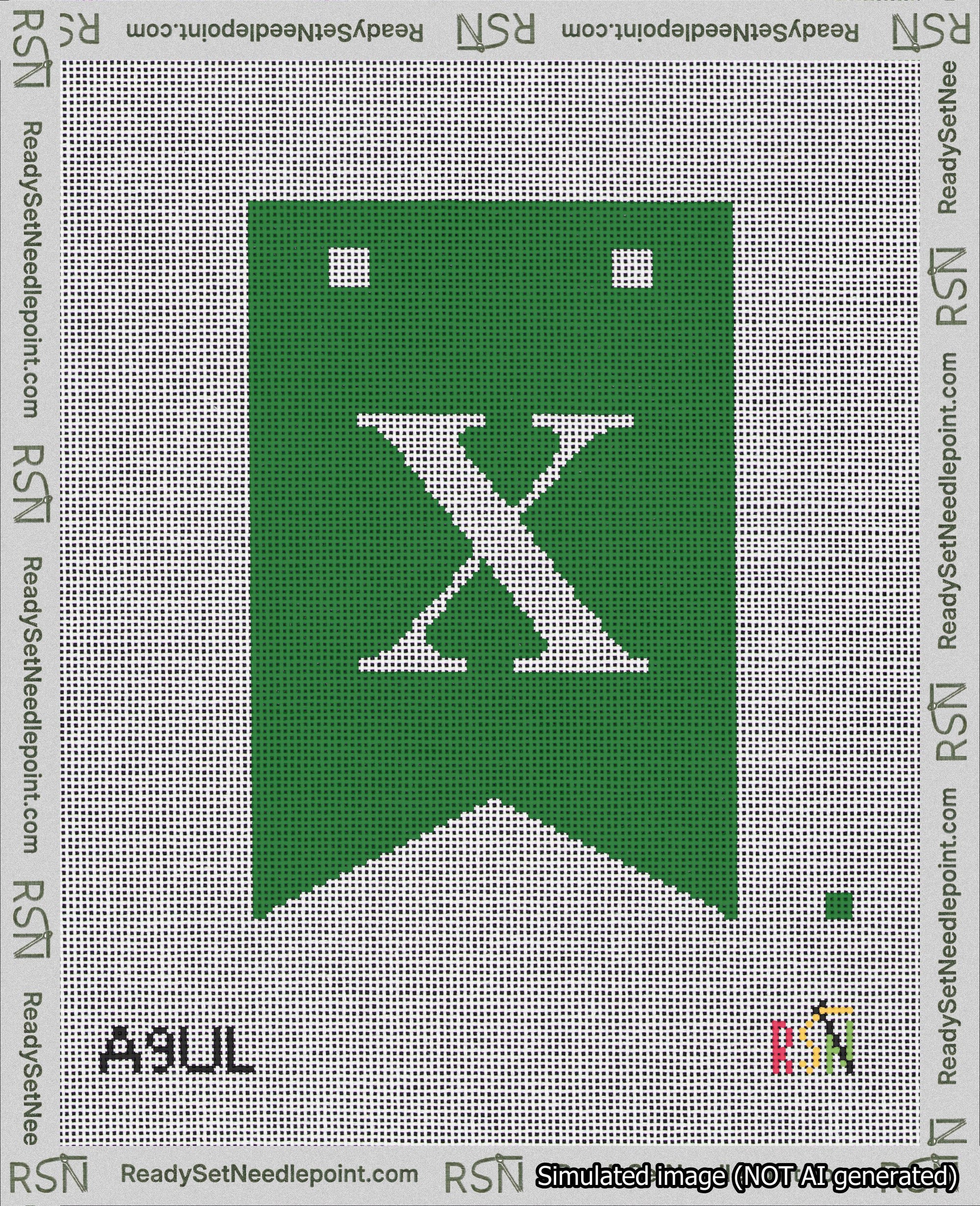 A taped needlepoint canvas with the design: Banner 18 mesh count Forked X White on Green.