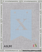 A taped needlepoint canvas with the design: Banner 18 mesh count Forked X White on Light Blue.