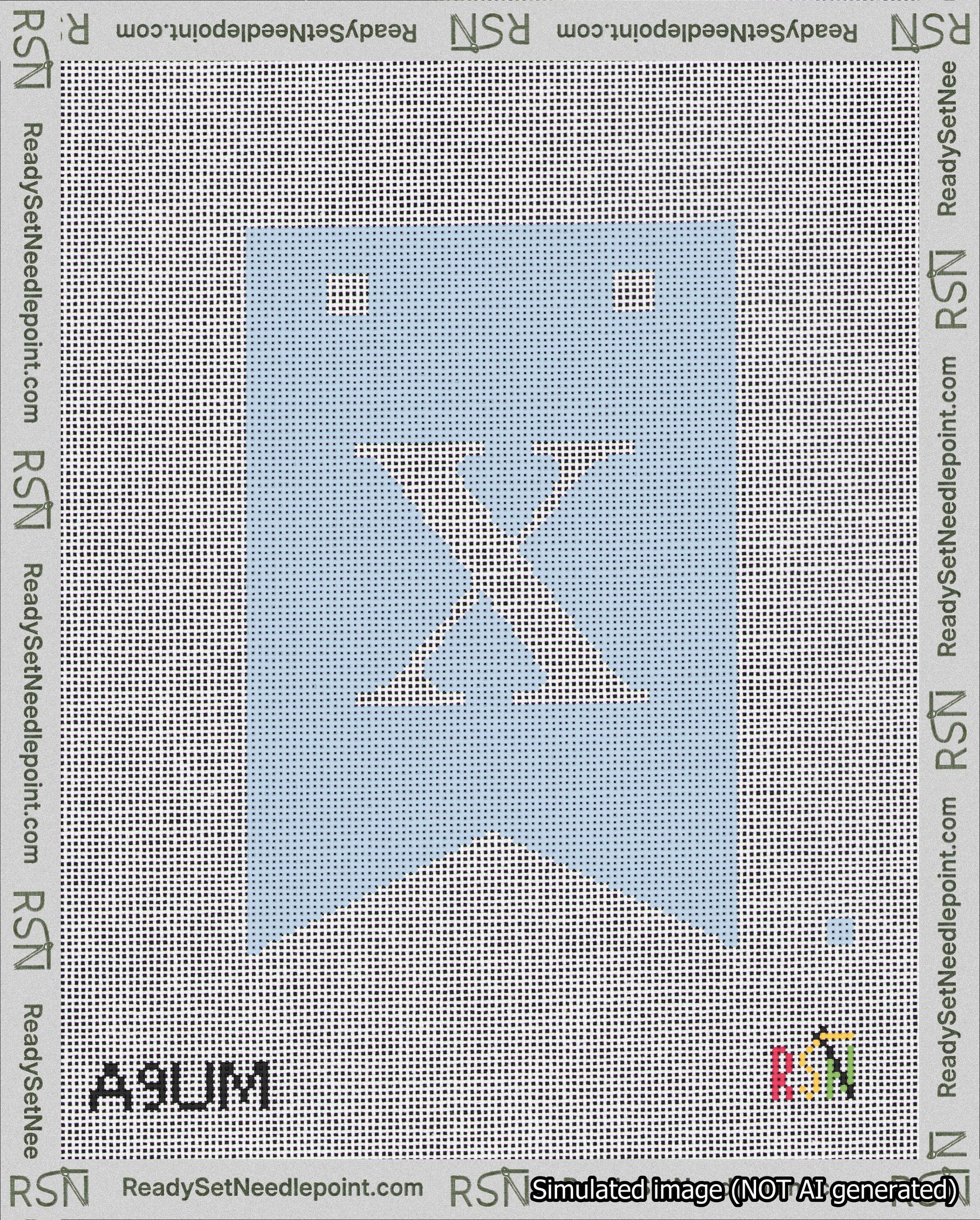 A taped needlepoint canvas with the design: Banner 18 mesh count Forked X White on Light Blue.