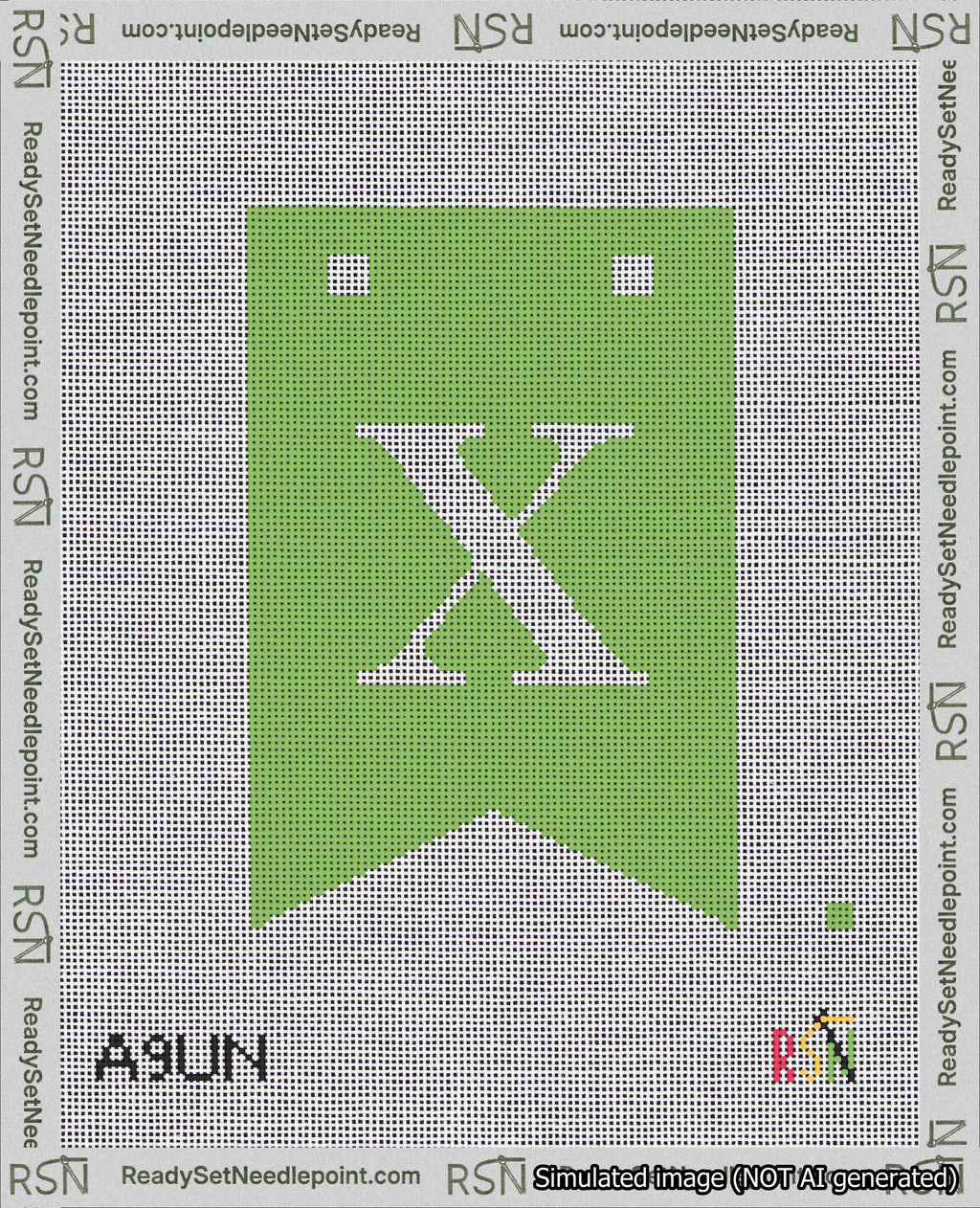 A taped needlepoint canvas with the design: Banner 18 mesh count Forked X White on Light Green.