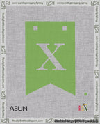 A taped needlepoint canvas with the design: Banner 18 mesh count Forked X White on Light Green.