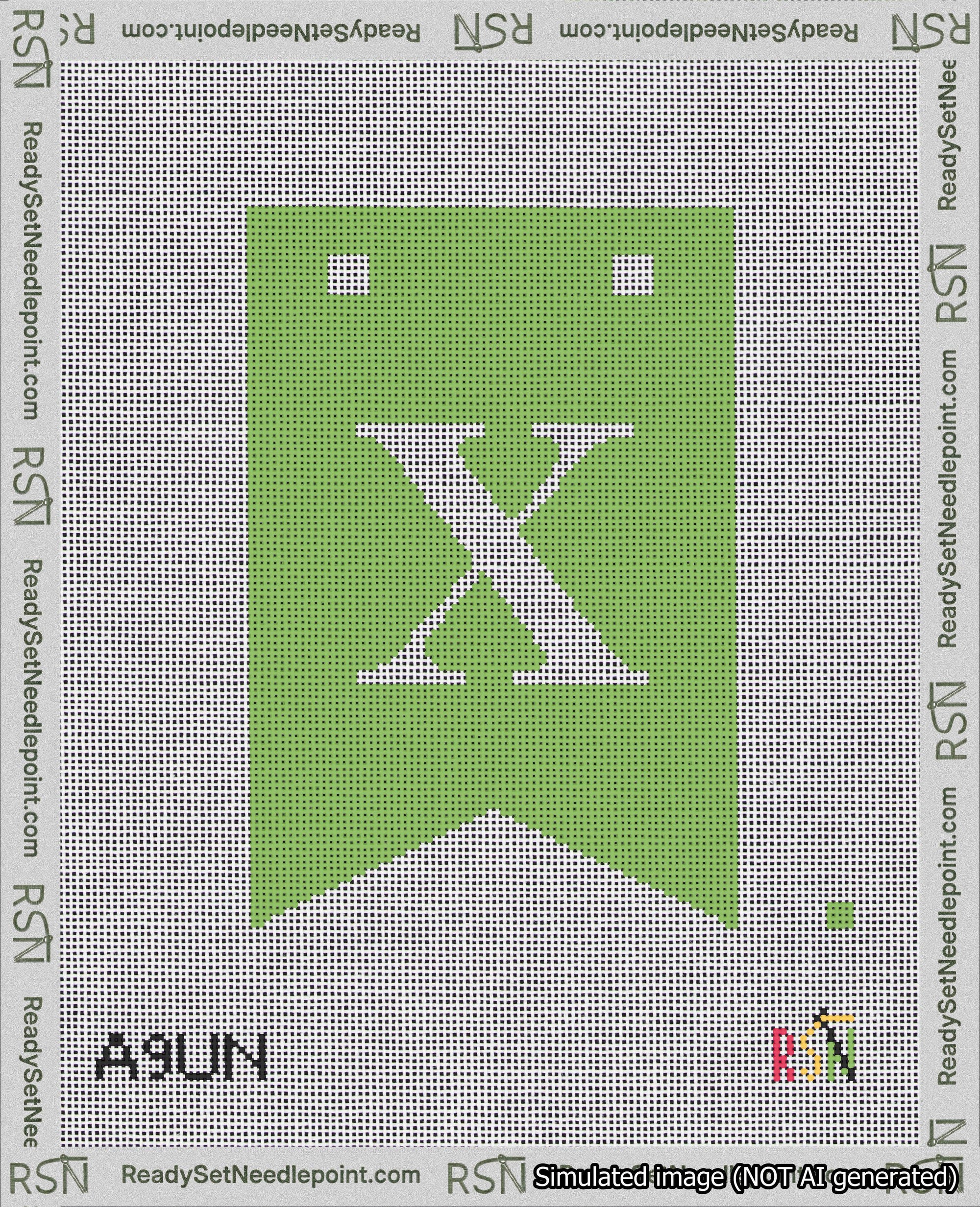 A taped needlepoint canvas with the design: Banner 18 mesh count Forked X White on Light Green.