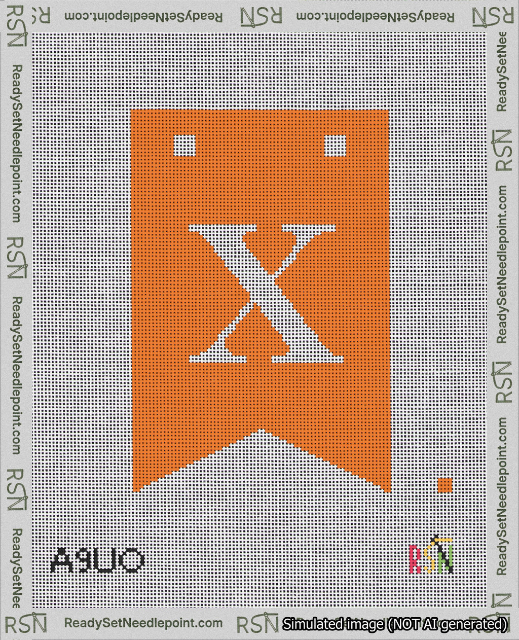 A taped needlepoint canvas with the design: Banner 18 mesh count Forked X White on Orange.