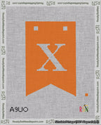 A taped needlepoint canvas with the design: Banner 18 mesh count Forked X White on Orange.