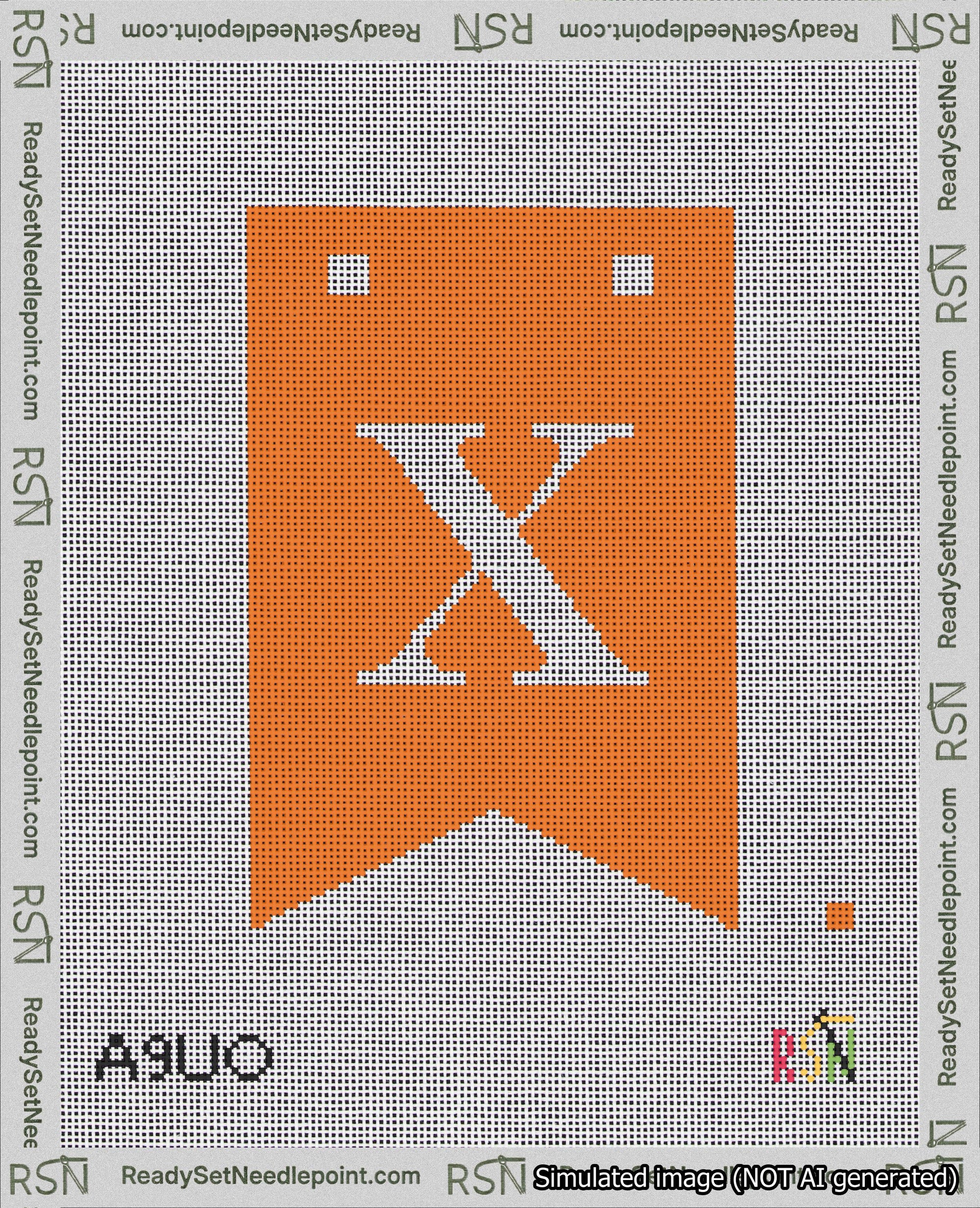 A taped needlepoint canvas with the design: Banner 18 mesh count Forked X White on Orange.