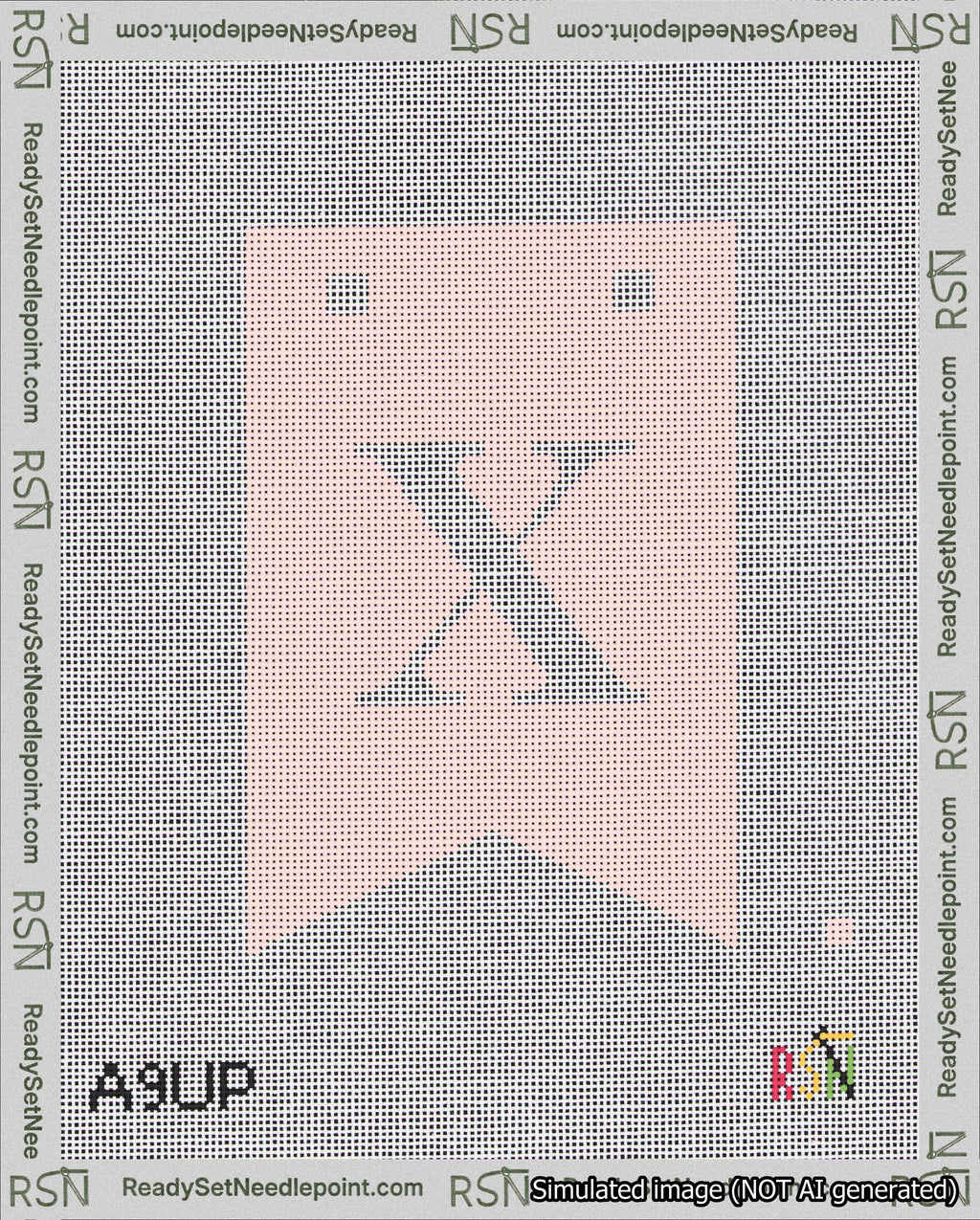 A taped needlepoint canvas with the design: Banner 18 mesh count Forked X White on Pink.
