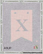 A taped needlepoint canvas with the design: Banner 18 mesh count Forked X White on Pink.