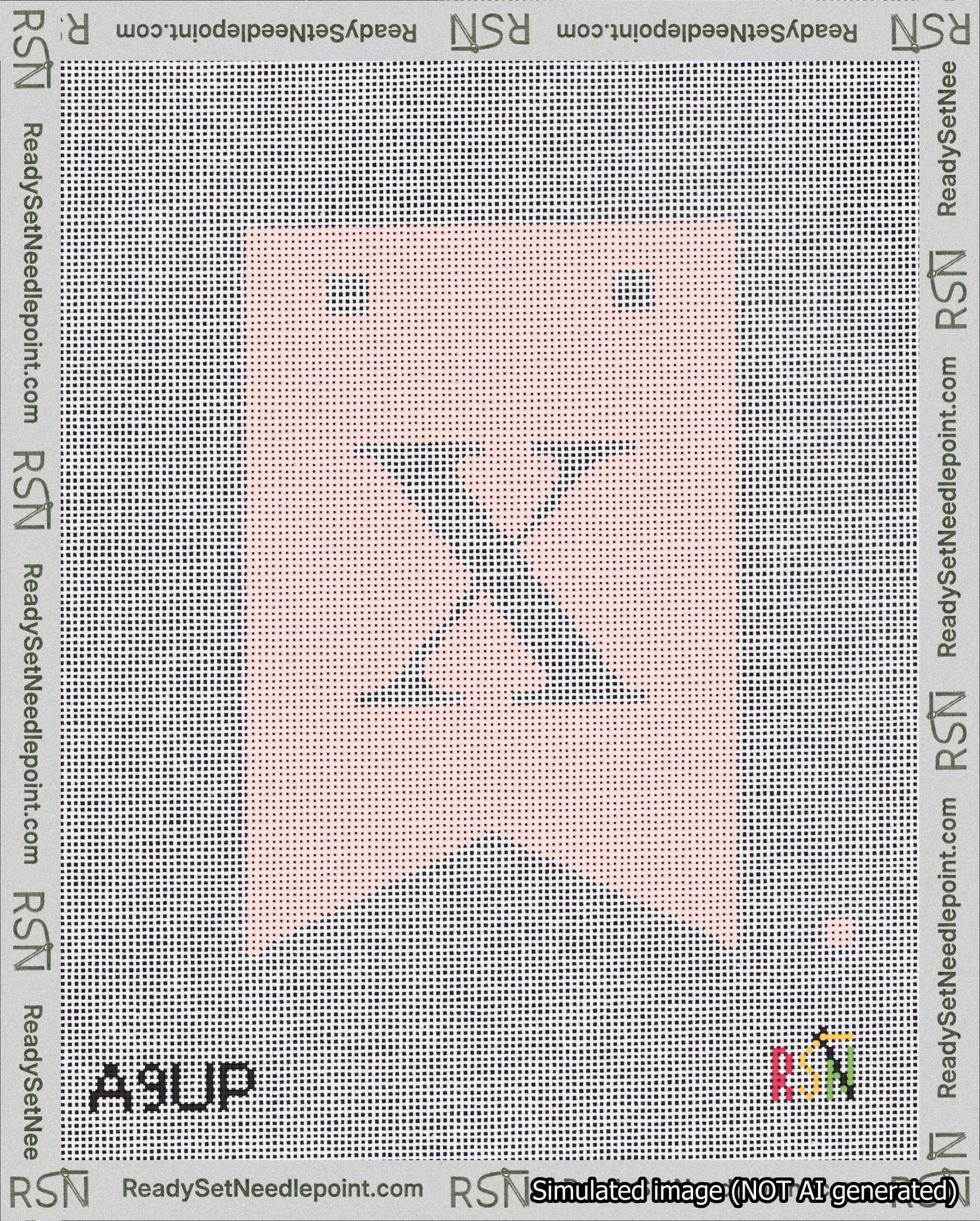 A taped needlepoint canvas with the design: Banner 18 mesh count Forked X White on Pink.