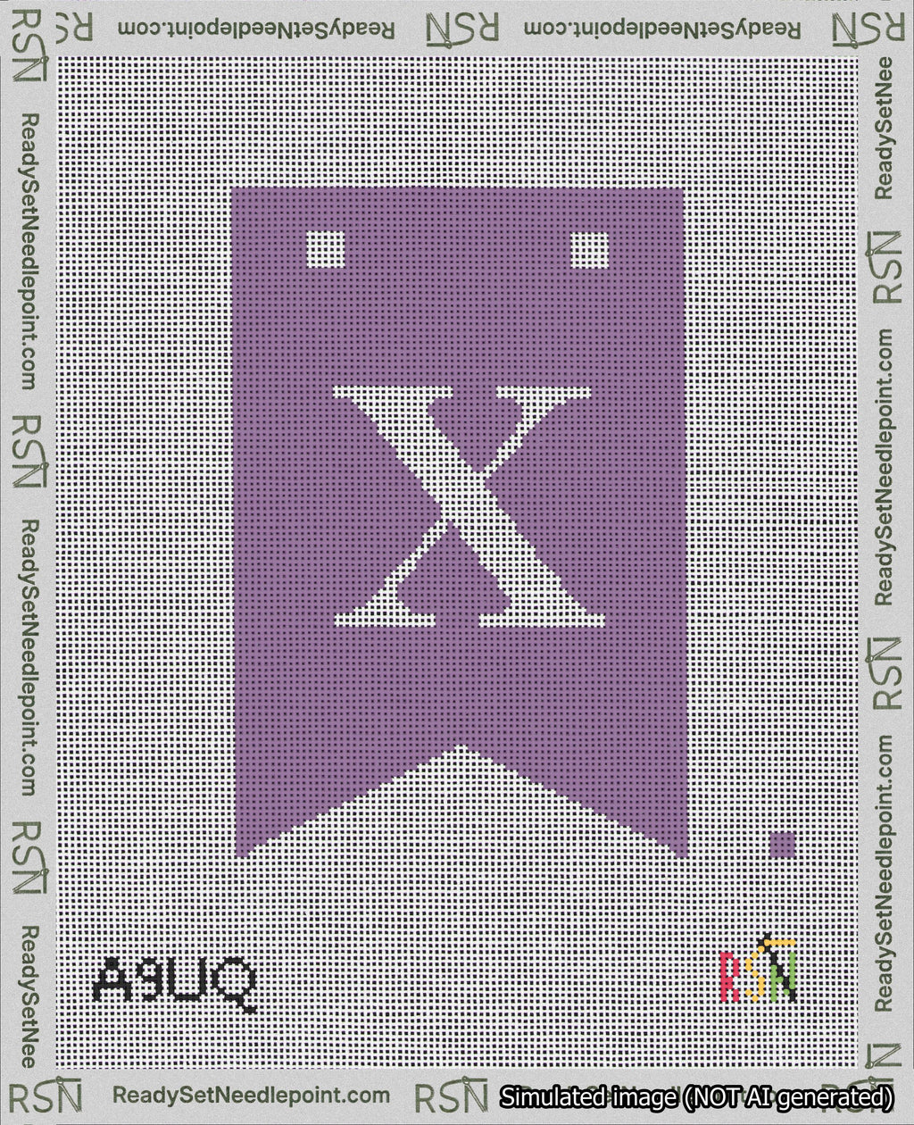 A taped needlepoint canvas with the design: Banner 18 mesh count Forked X White on Purple.