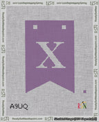 A taped needlepoint canvas with the design: Banner 18 mesh count Forked X White on Purple.