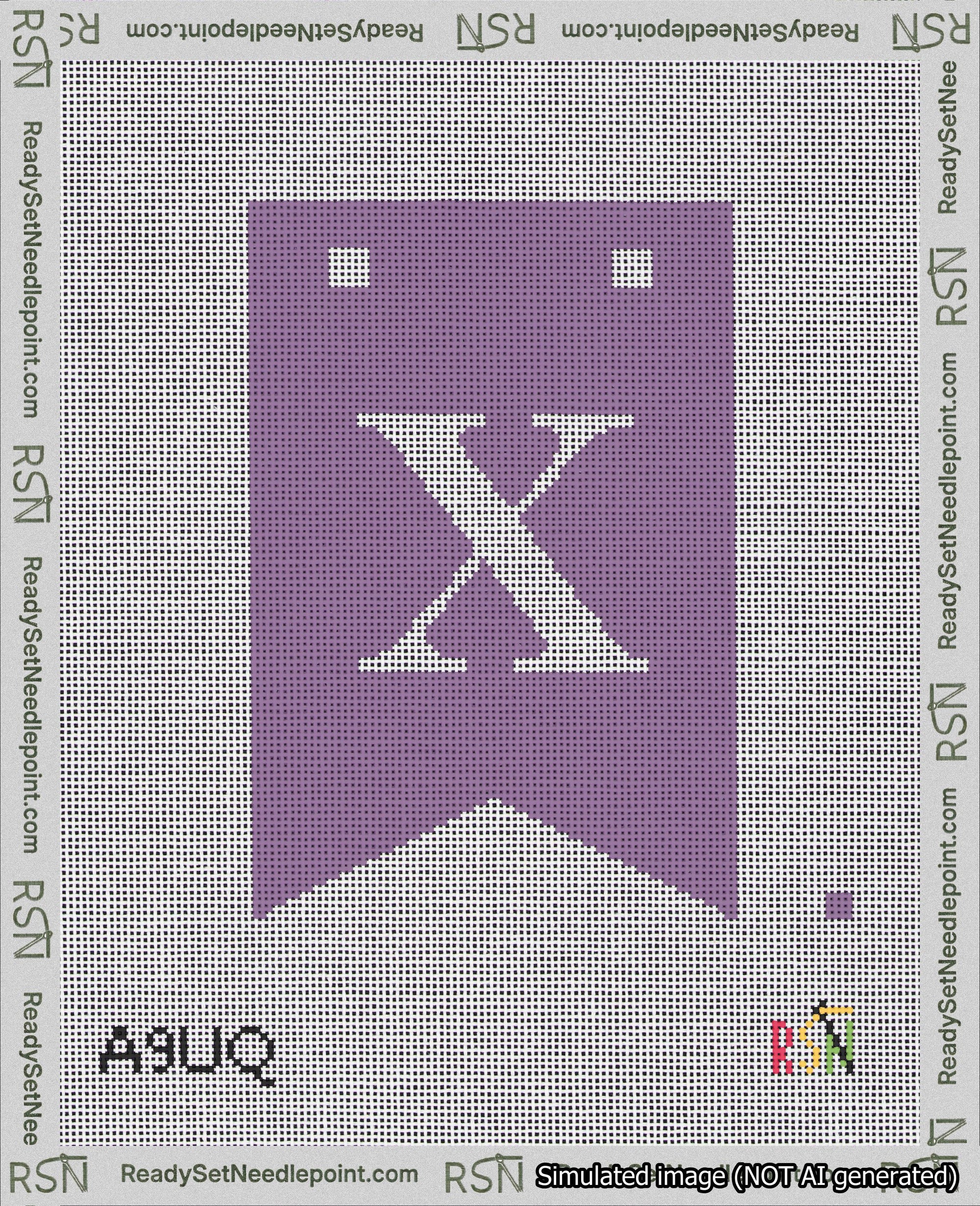 A taped needlepoint canvas with the design: Banner 18 mesh count Forked X White on Purple.