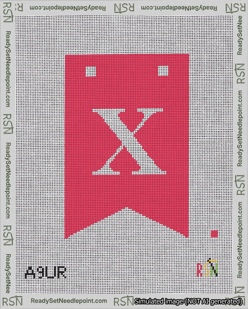 A taped needlepoint canvas with the design: Banner 18 mesh count Forked X White on Red.