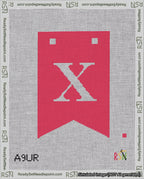 A taped needlepoint canvas with the design: Banner 18 mesh count Forked X White on Red.