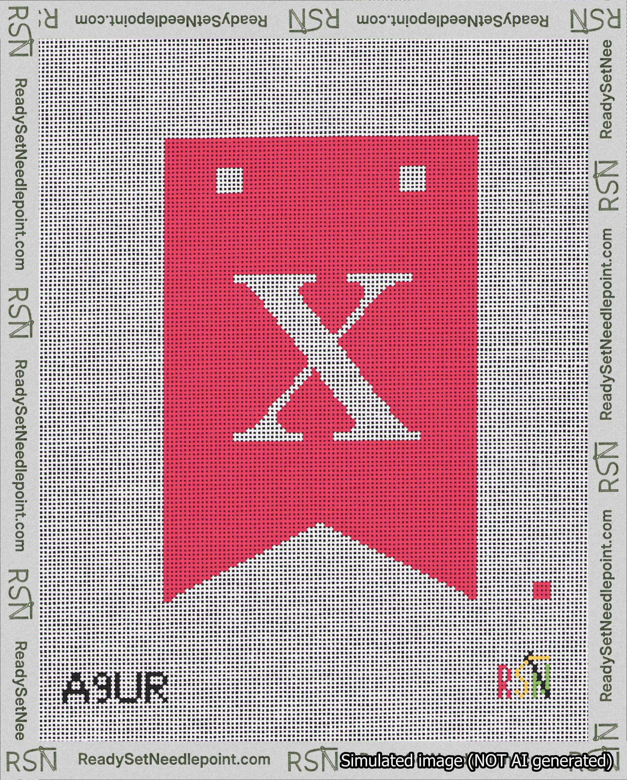 A taped needlepoint canvas with the design: Banner 18 mesh count Forked X White on Red.
