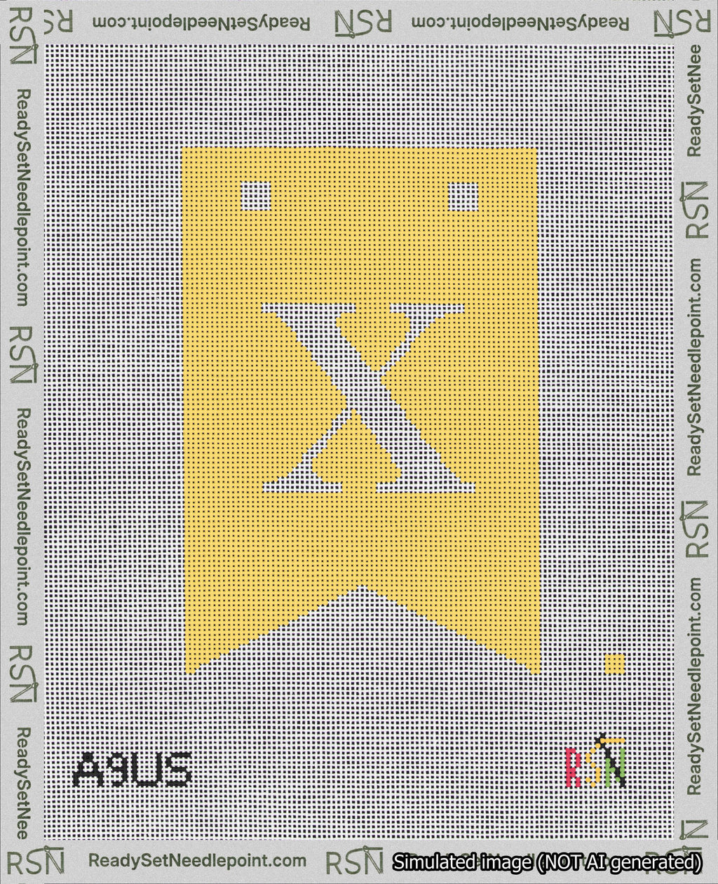 A taped needlepoint canvas with the design: Banner 18 mesh count Forked X White on Yellow.