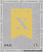 A taped needlepoint canvas with the design: Banner 18 mesh count Forked X White on Yellow.