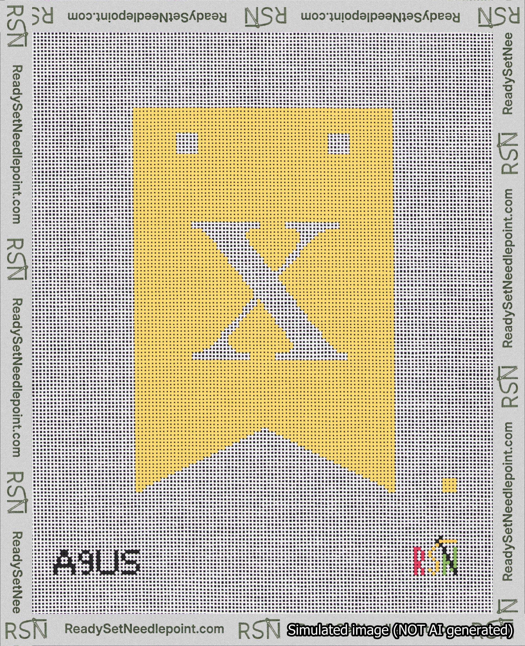 A taped needlepoint canvas with the design: Banner 18 mesh count Forked X White on Yellow.