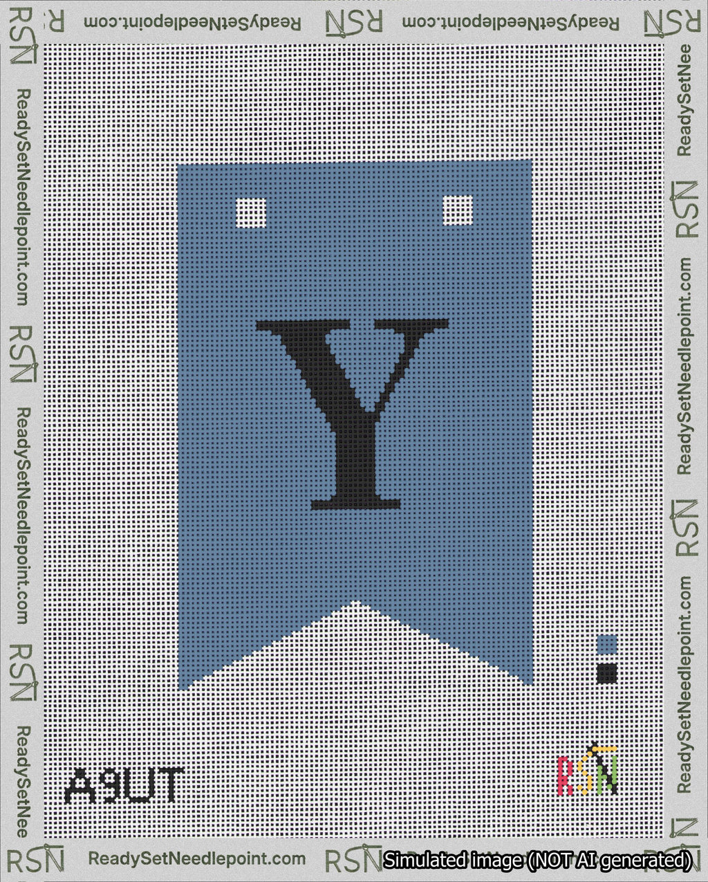 A taped needlepoint canvas with the design: Banner 18 mesh count Forked Y Black on Blue.