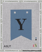 A taped needlepoint canvas with the design: Banner 18 mesh count Forked Y Black on Blue.