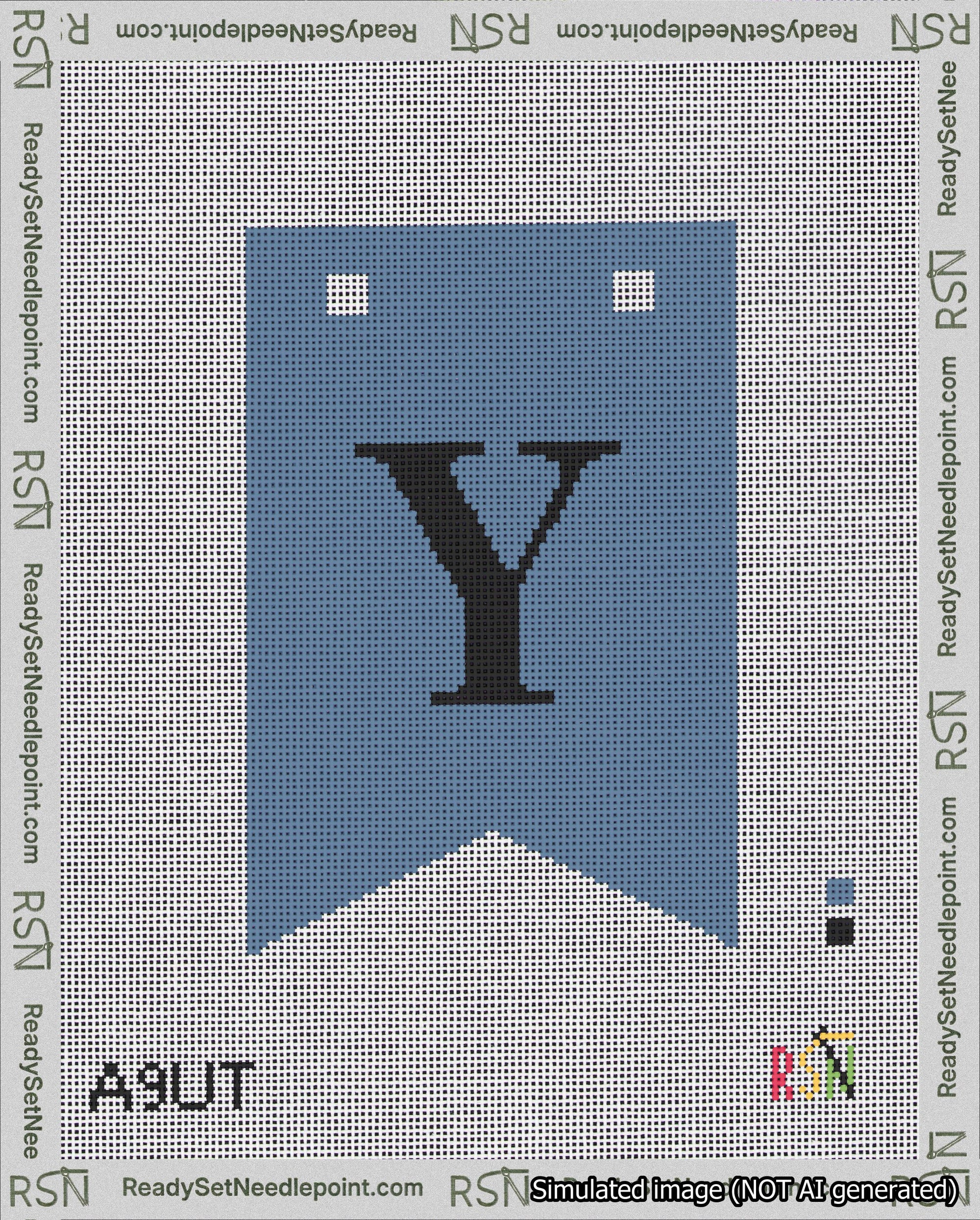 A taped needlepoint canvas with the design: Banner 18 mesh count Forked Y Black on Blue.