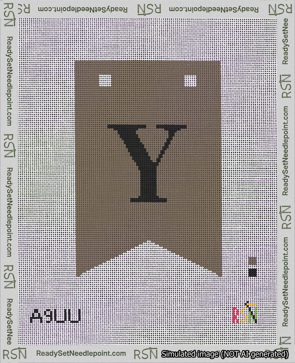 A taped needlepoint canvas with the design: Banner 18 mesh count Forked Y Black on Brown.