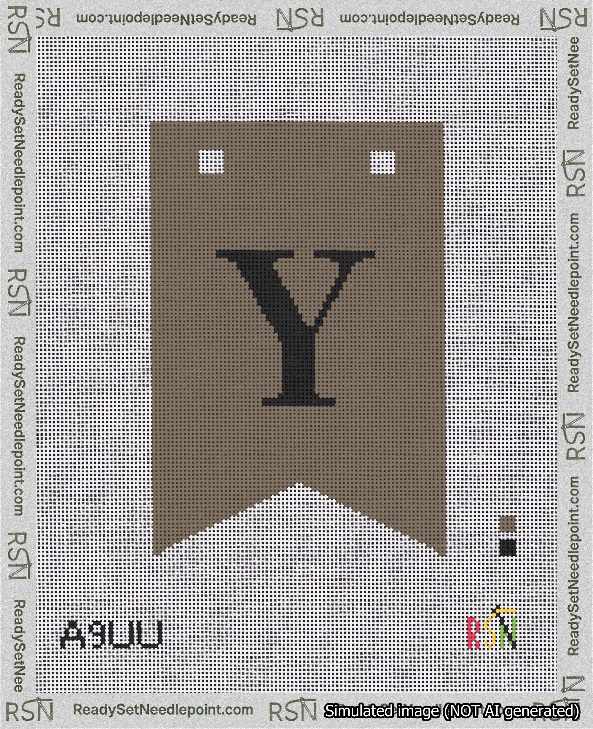 A taped needlepoint canvas with the design: Banner 18 mesh count Forked Y Black on Brown.