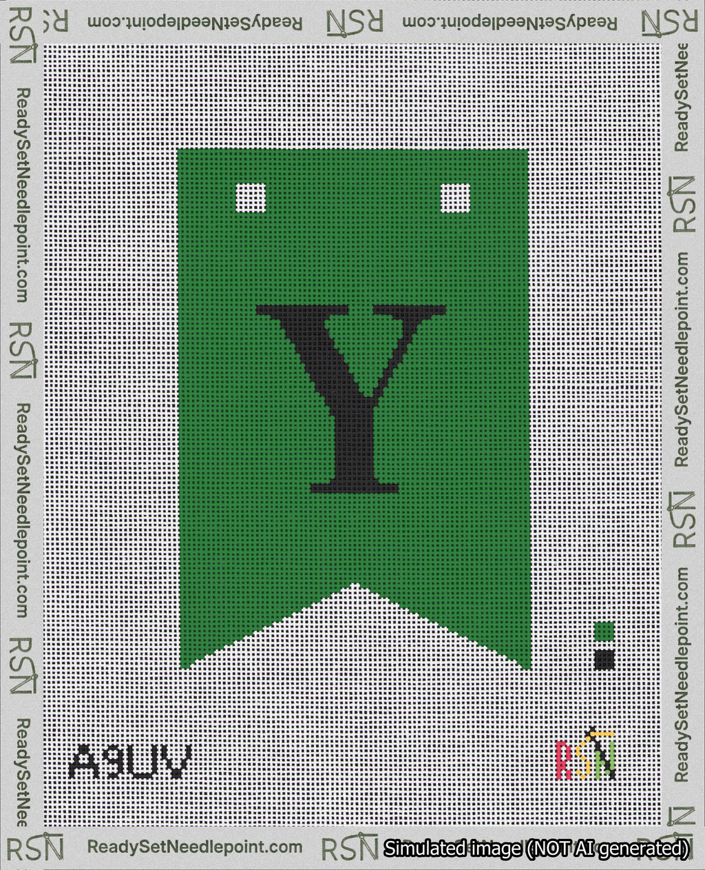A taped needlepoint canvas with the design: Banner 18 mesh count Forked Y Black on Green.