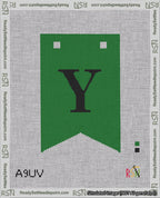 A taped needlepoint canvas with the design: Banner 18 mesh count Forked Y Black on Green.