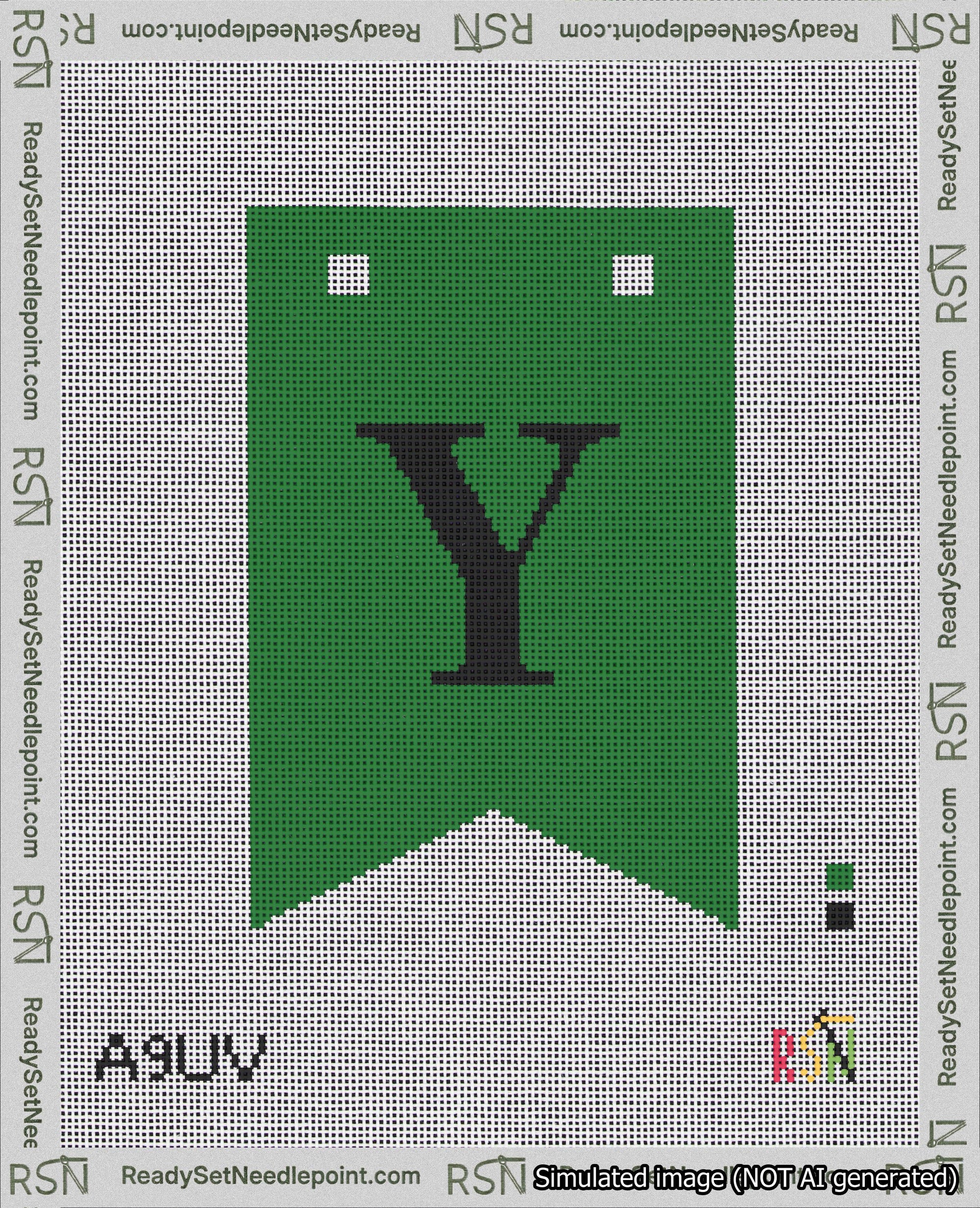 A taped needlepoint canvas with the design: Banner 18 mesh count Forked Y Black on Green.