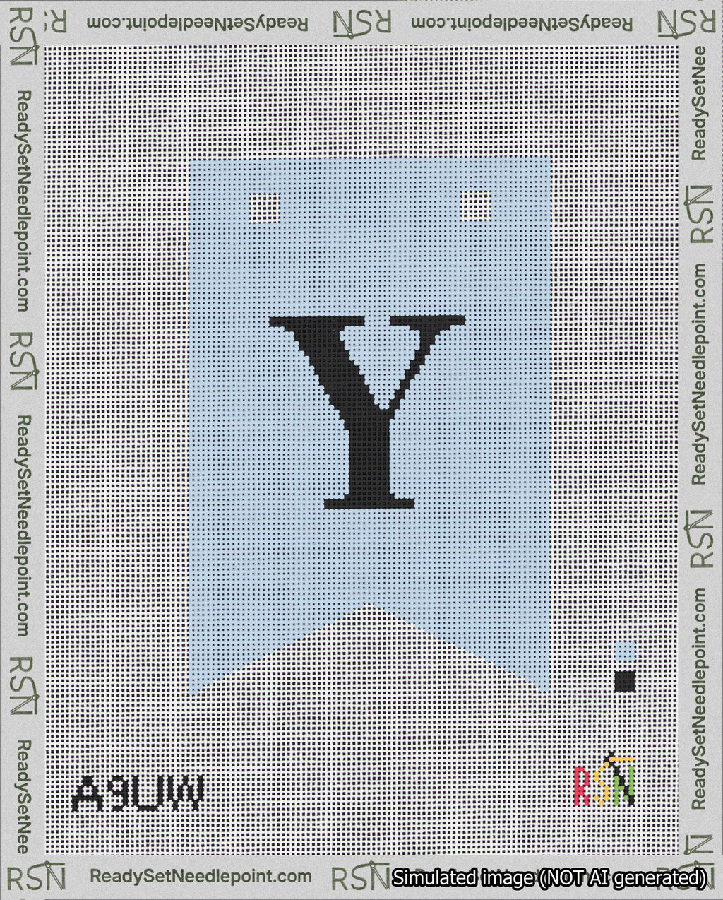 A taped needlepoint canvas with the design: Banner 18 mesh count Forked Y Black on Light Blue.