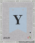 A taped needlepoint canvas with the design: Banner 18 mesh count Forked Y Black on Light Blue.