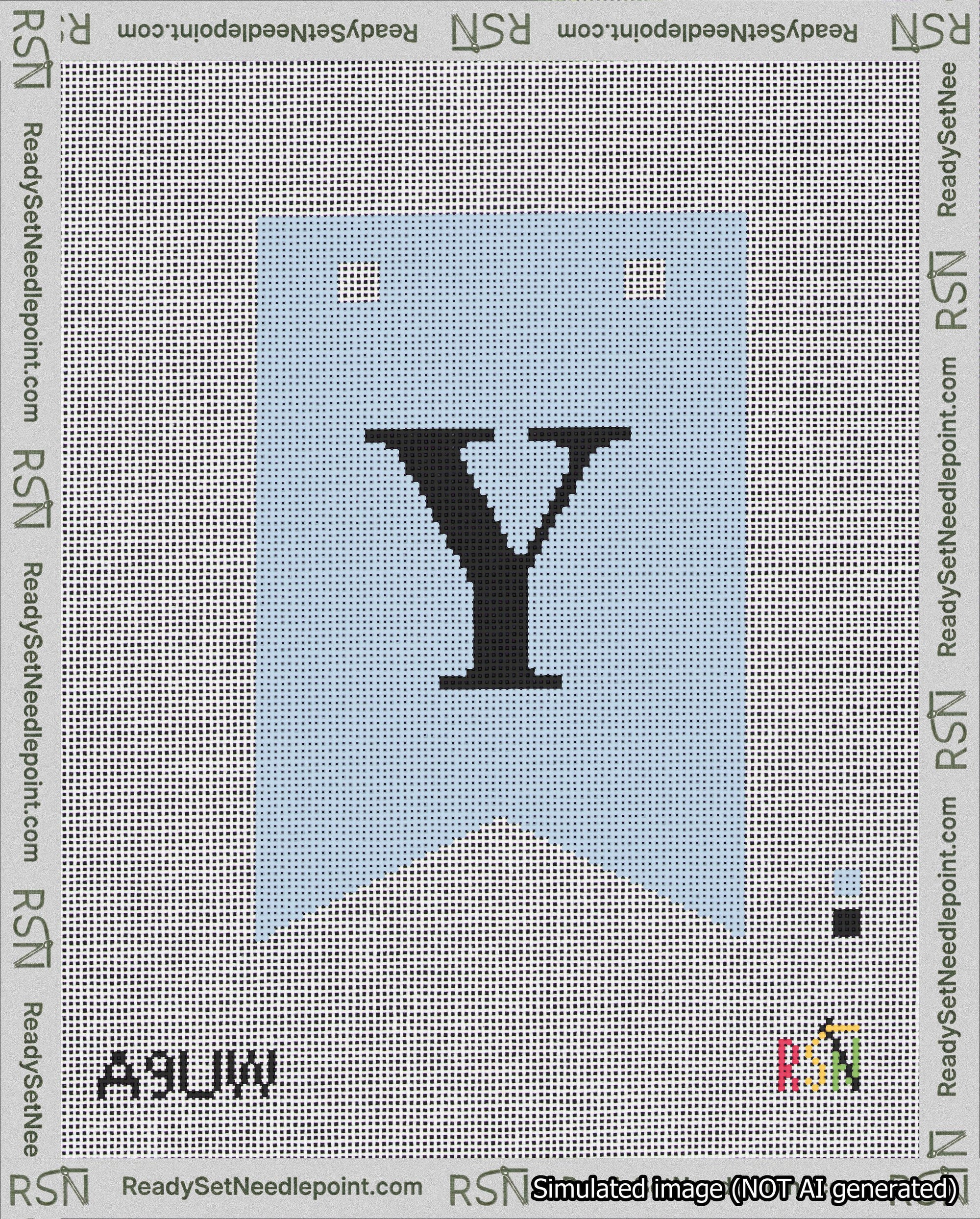 A taped needlepoint canvas with the design: Banner 18 mesh count Forked Y Black on Light Blue.