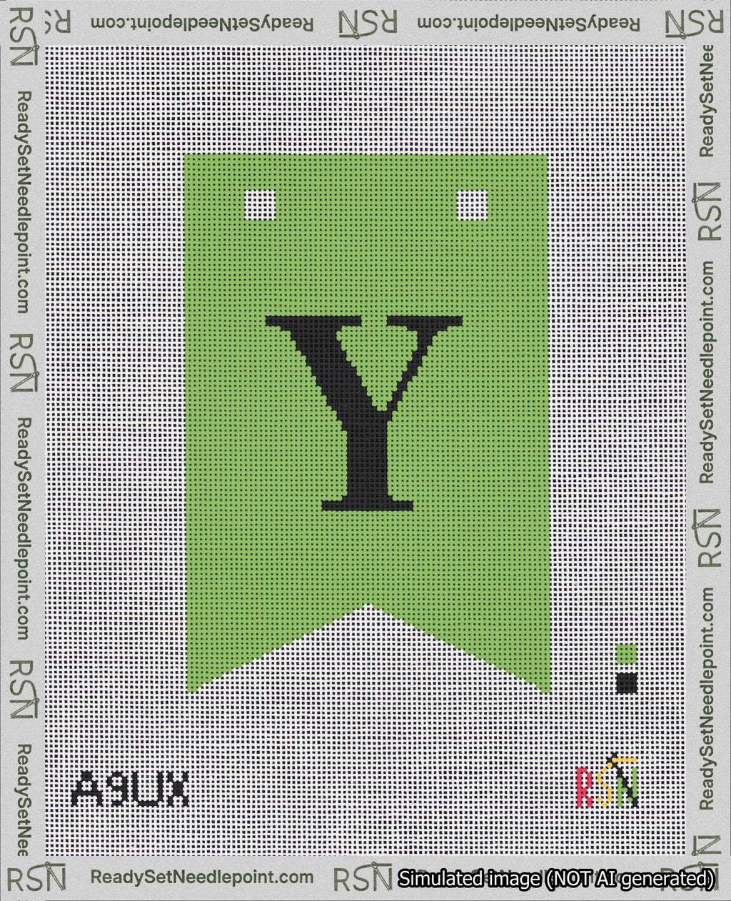 A taped needlepoint canvas with the design: Banner 18 mesh count Forked Y Black on Light Green.