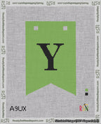 A taped needlepoint canvas with the design: Banner 18 mesh count Forked Y Black on Light Green.