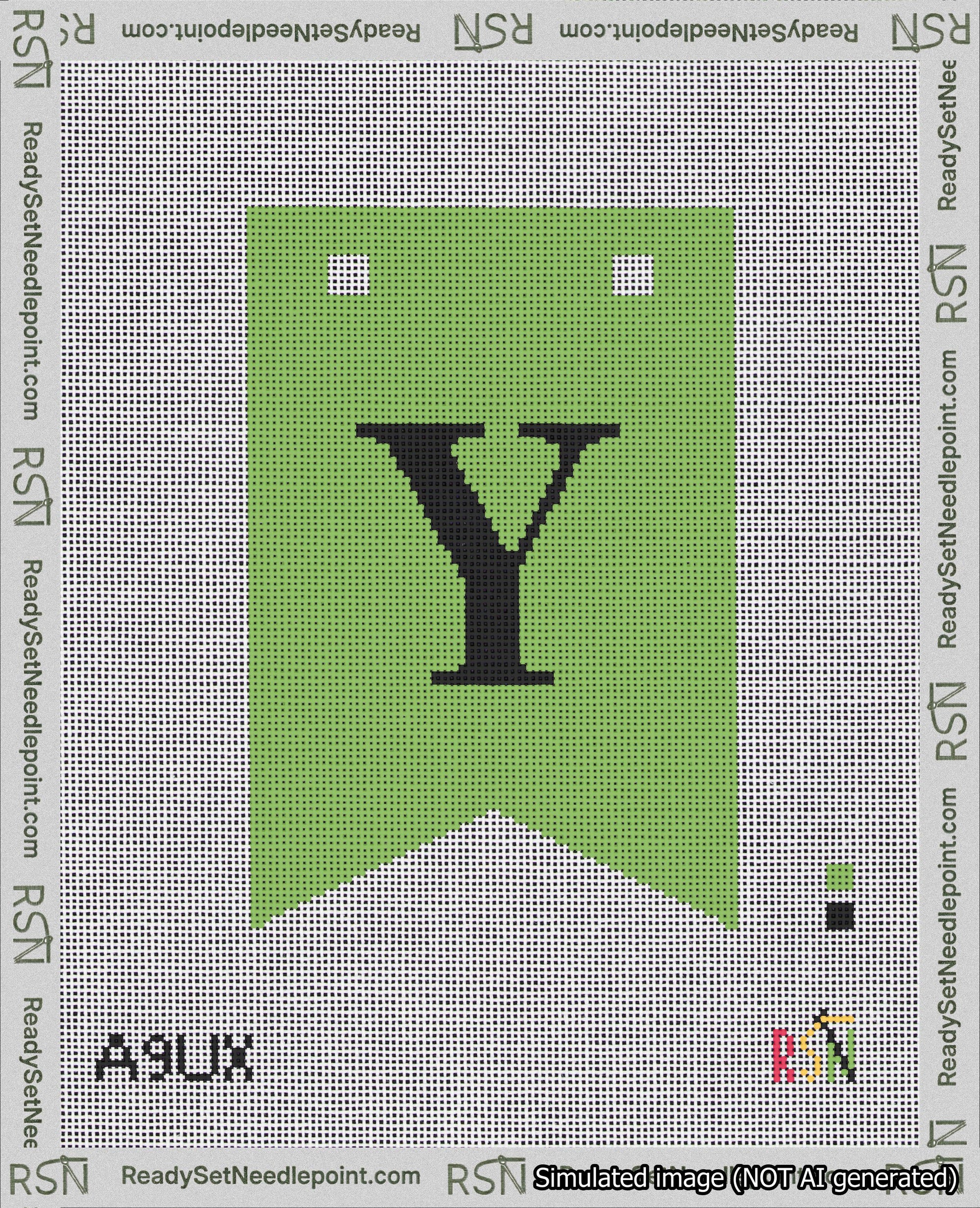 A taped needlepoint canvas with the design: Banner 18 mesh count Forked Y Black on Light Green.