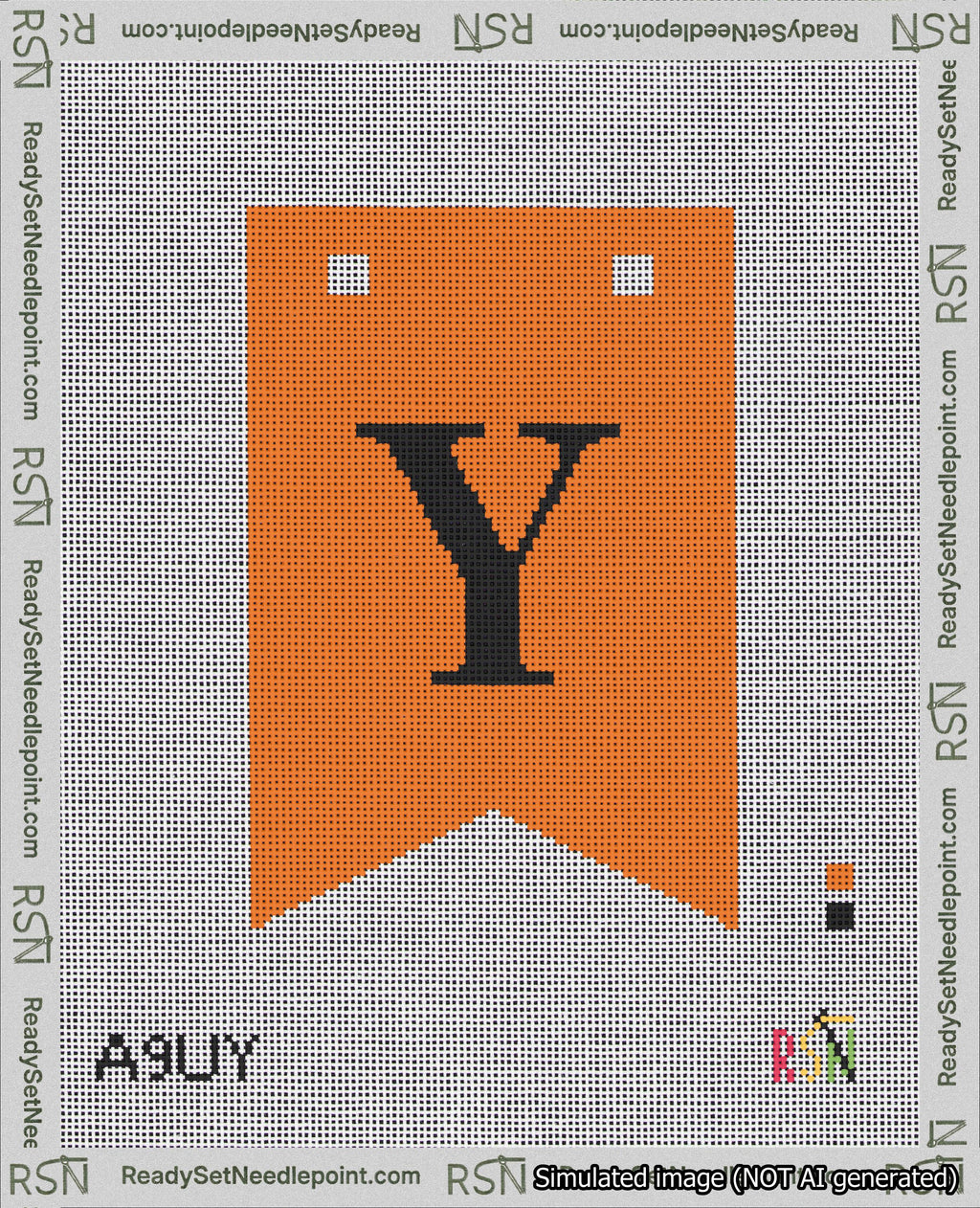 A taped needlepoint canvas with the design: Banner 18 mesh count Forked Y Black on Orange.