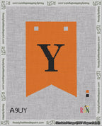 A taped needlepoint canvas with the design: Banner 18 mesh count Forked Y Black on Orange.
