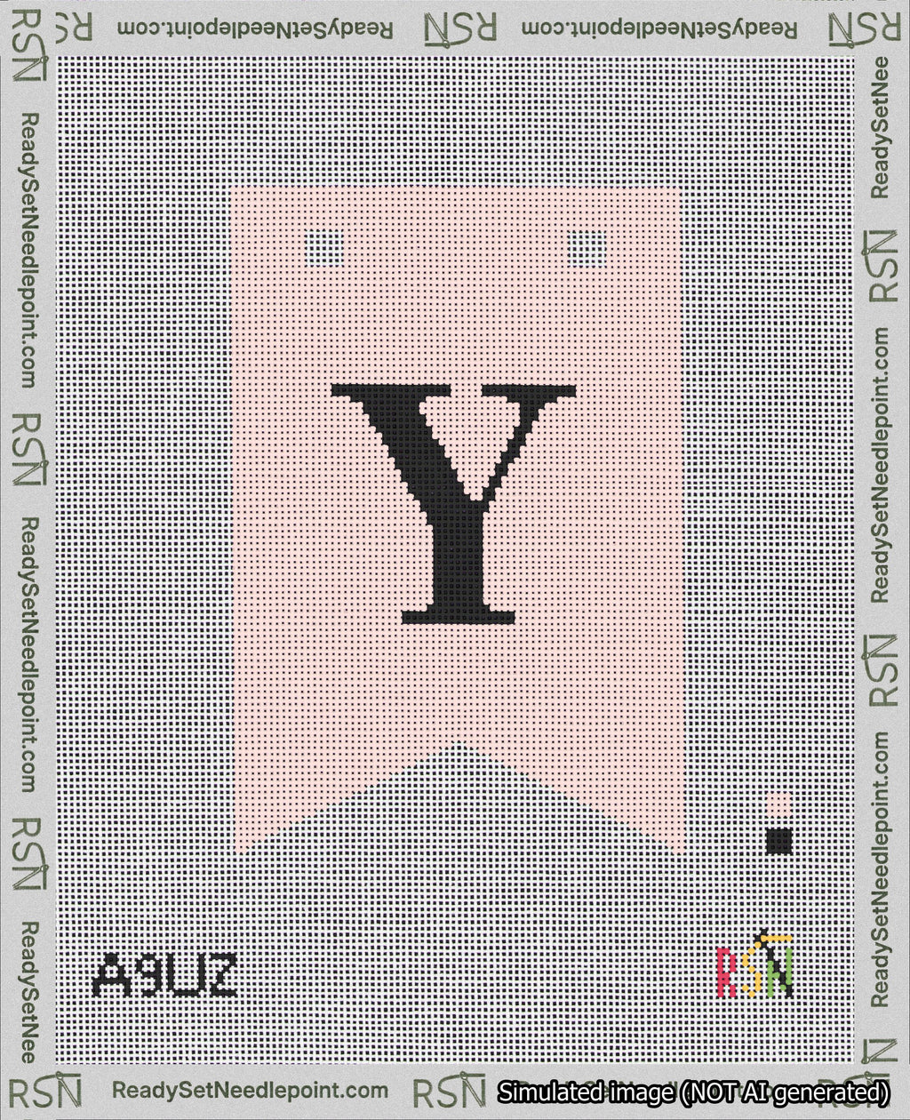 A taped needlepoint canvas with the design: Banner 18 mesh count Forked Y Black on Pink.