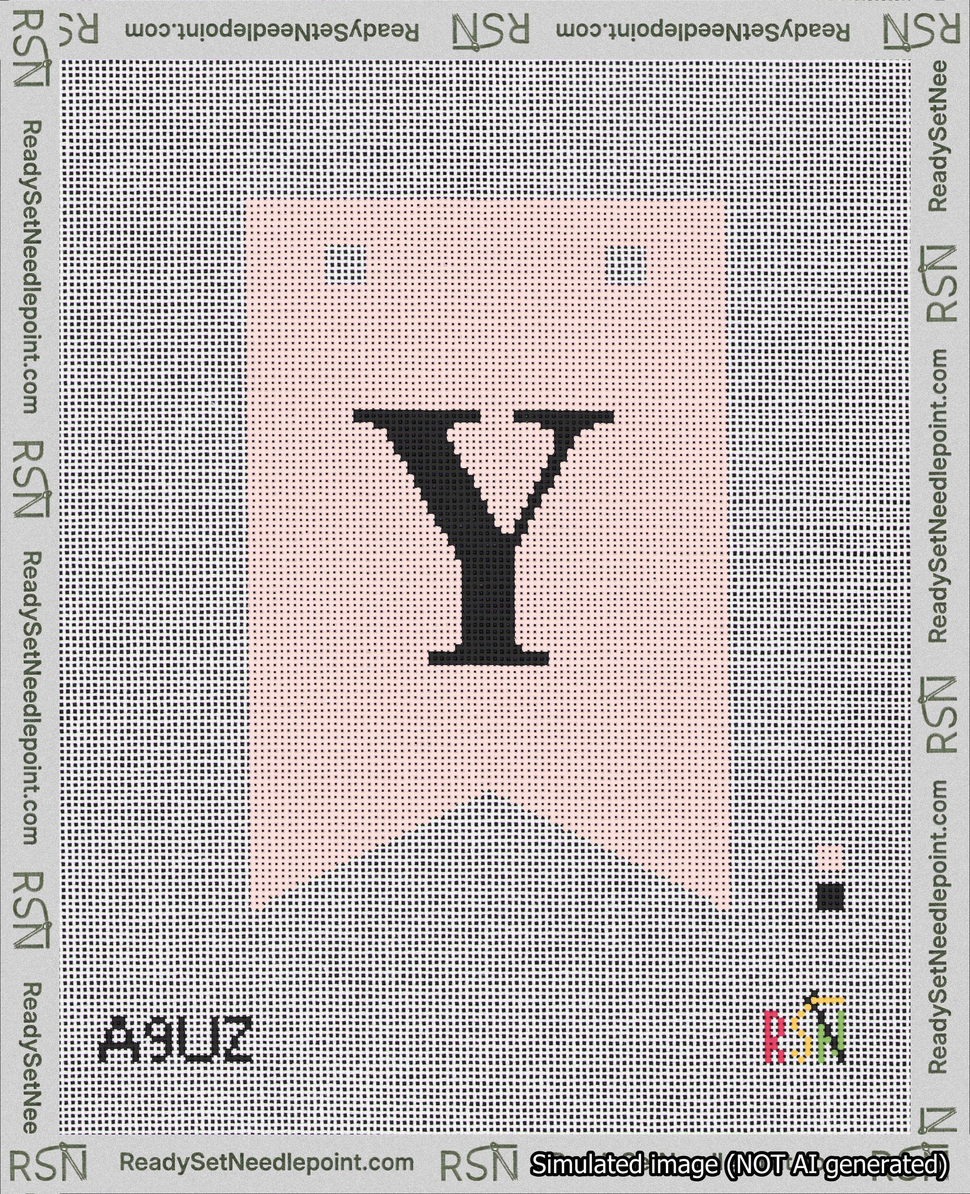 A taped needlepoint canvas with the design: Banner 18 mesh count Forked Y Black on Pink.
