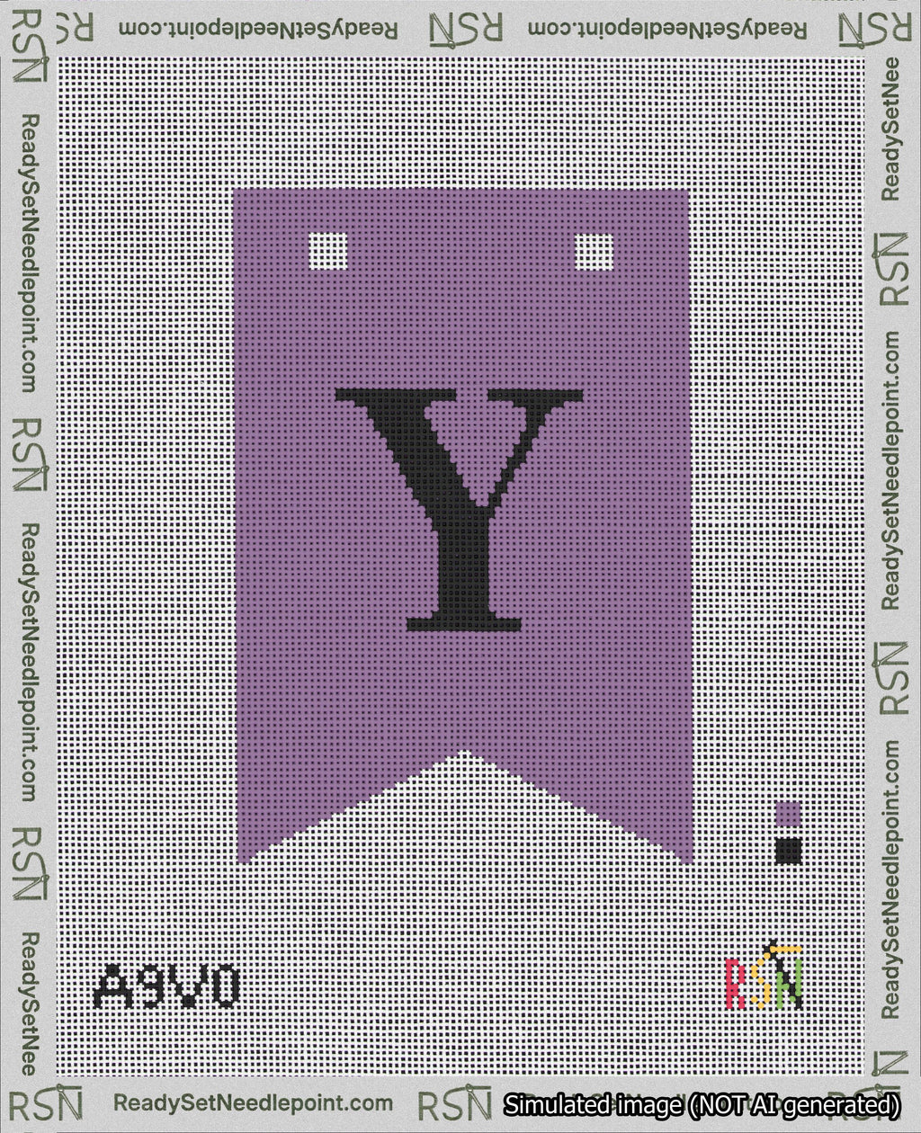 A taped needlepoint canvas with the design: Banner 18 mesh count Forked Y Black on Purple.