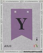 A taped needlepoint canvas with the design: Banner 18 mesh count Forked Y Black on Purple.
