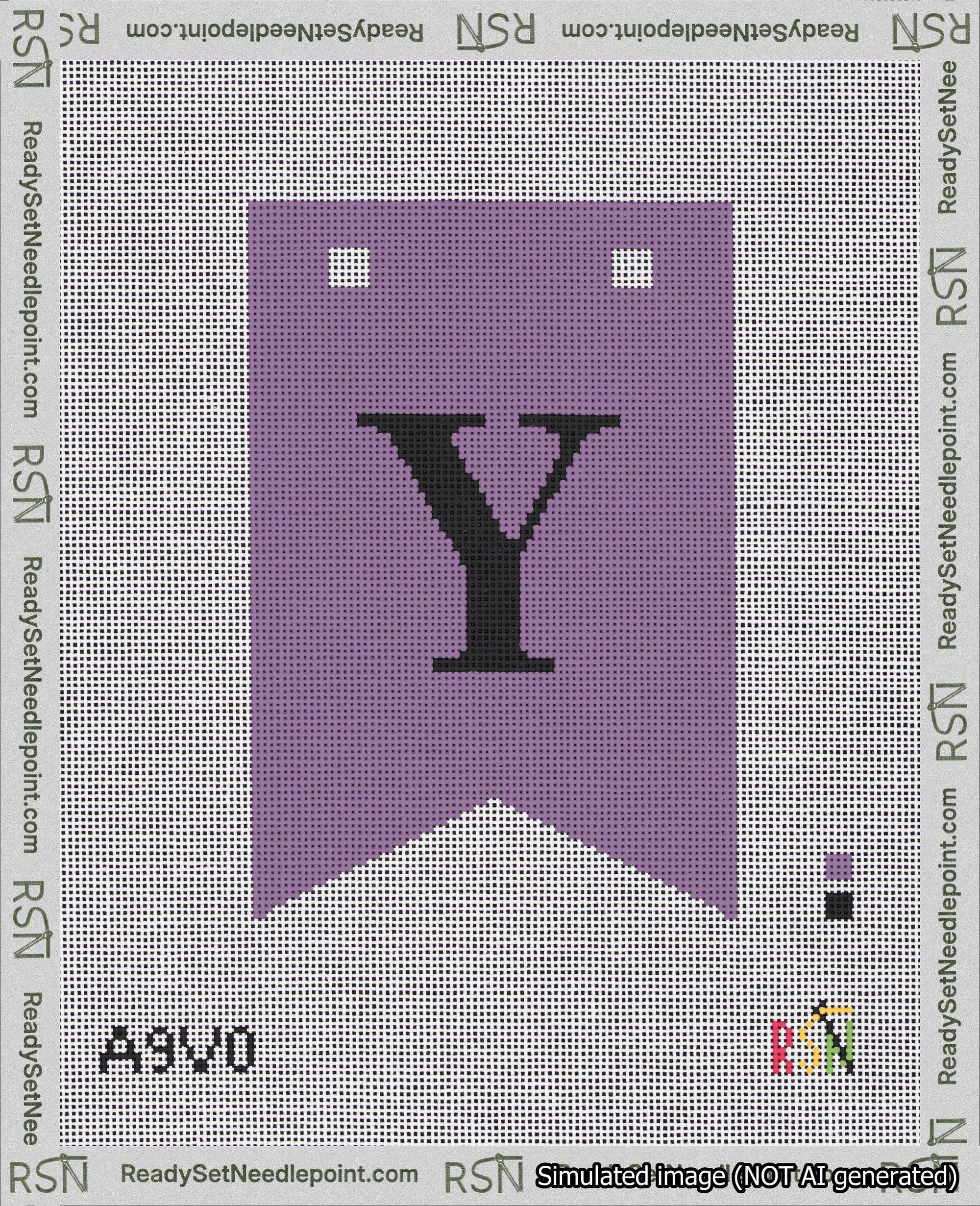 A taped needlepoint canvas with the design: Banner 18 mesh count Forked Y Black on Purple.