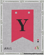 A taped needlepoint canvas with the design: Banner 18 mesh count Forked Y Black on Red.