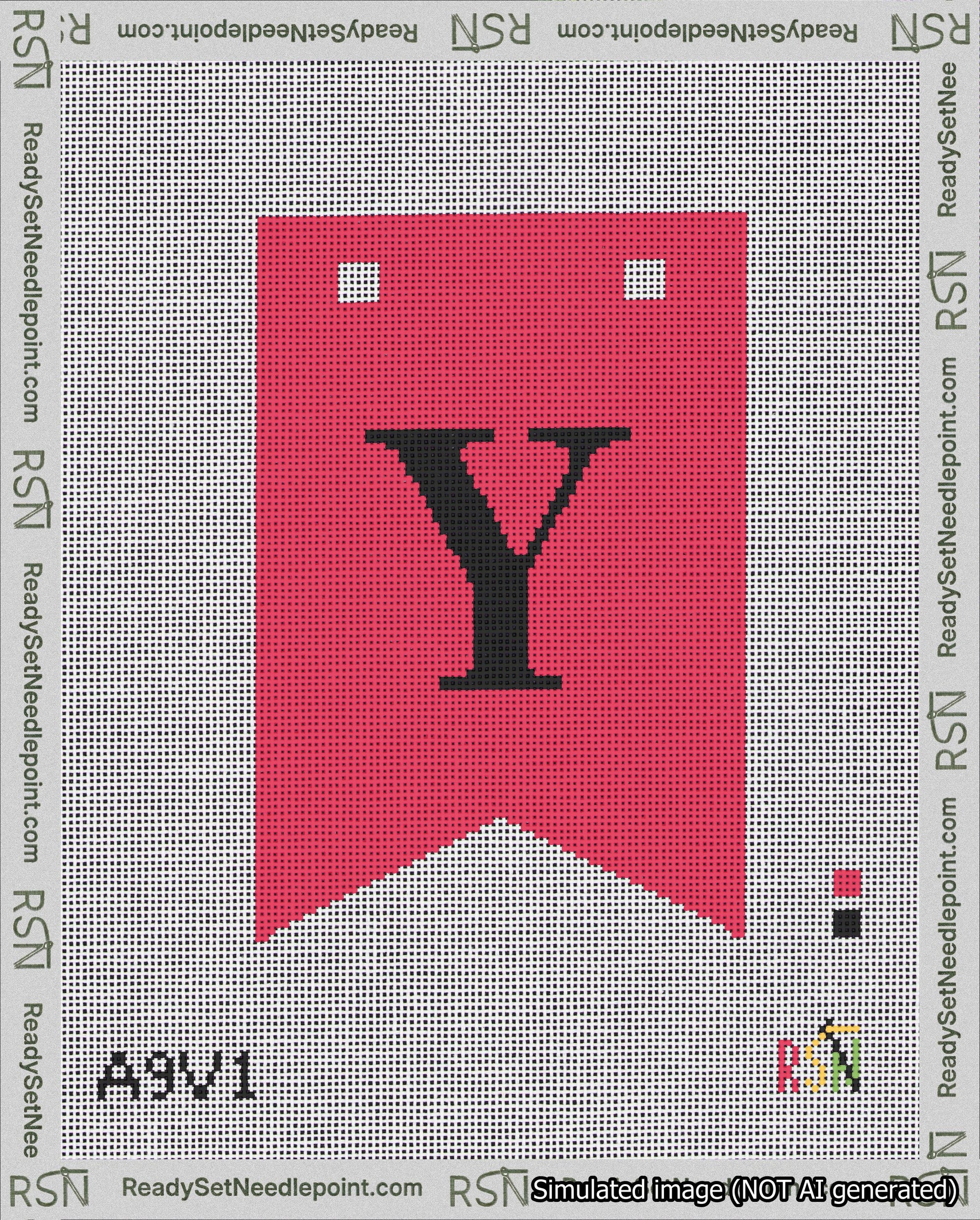 A taped needlepoint canvas with the design: Banner 18 mesh count Forked Y Black on Red.