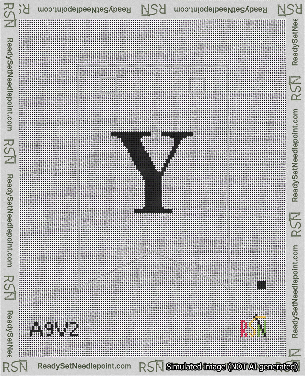 A taped needlepoint canvas with the design: Banner 18 mesh count Forked Y Black on White.